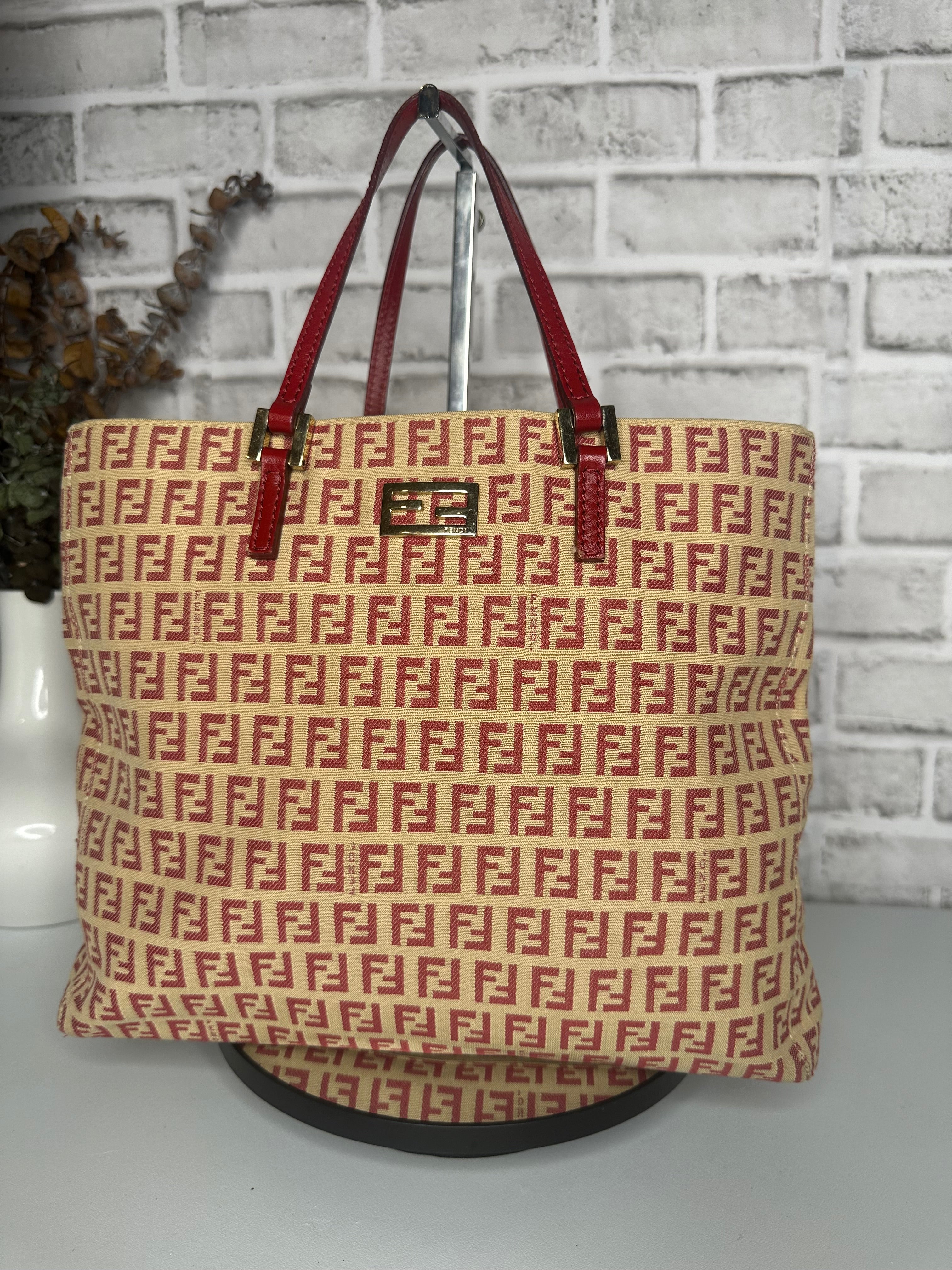 Fendi Zucchino Tote Red Canvas Open Top Middle interior zipper compart Boss Ladii Closet